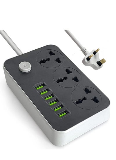 Buy 9 in 1 Universal Extension Cord with 3 Power Socket and 6 USB Slots, 3 Way Power Strip with USB type Charging slot, for home & office use Extension Lead 2m in Saudi Arabia