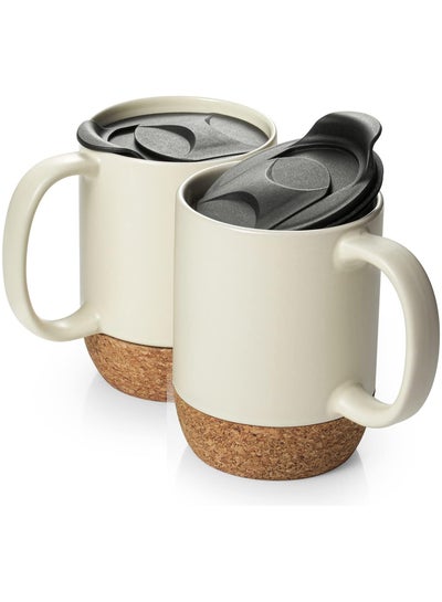Buy Set of 2 Ceramic Coffee Mugs 15 OZ Coffee Mug with Cork Bottom and Splash Proof Lid, Ceramic Mug with Large Handle for Coffee Tea Latte - Matte Beige in UAE