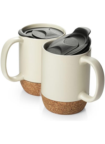 Buy Set of 2 Ceramic Coffee Mugs 15 OZ Coffee Mug with Cork Bottom and Splash Proof Lid, Ceramic Mug with Large Handle for Coffee Tea Latte - Matte Beige in UAE