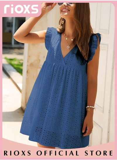 Buy Women's Summer Casual V-Neck Dress Lace Sleeveless Dress Ruffle Dress in UAE