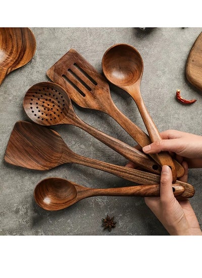 Buy 5pcs Wooden Cooking Spoon Set Wok Turners Natural Teak Wooden Utensil Kitchen Spatula Set Skimmer Spoon Wood Turner Cutlery Set Wooden Spatula Soup Scoops Teak Suite in Saudi Arabia