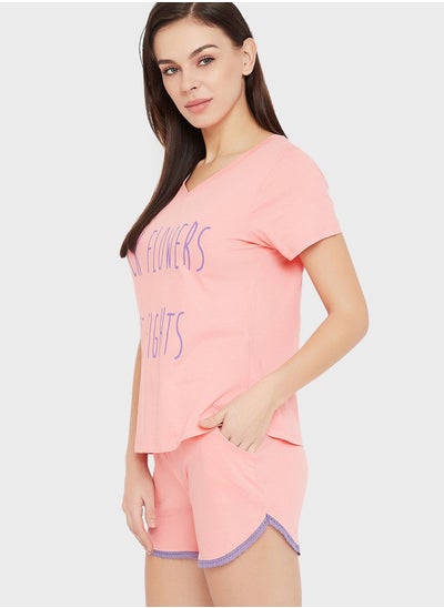 Buy Text Print Top & Shorts Set Pink -100% Cotton in UAE