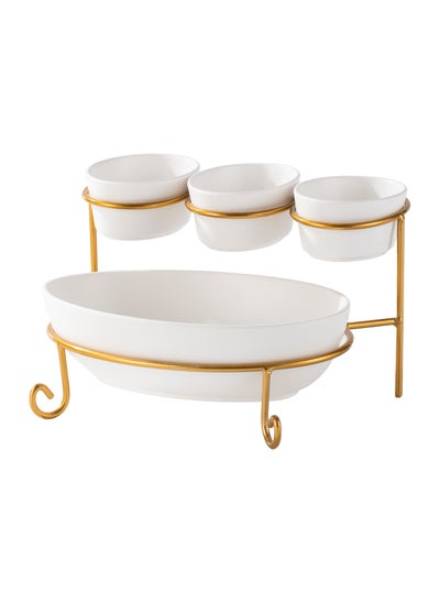 اشتري Shallow Porcelain 2-Tier Oval Serving Set with Gold Stand Rack - 3x 10cm and 1x 24cm في الامارات