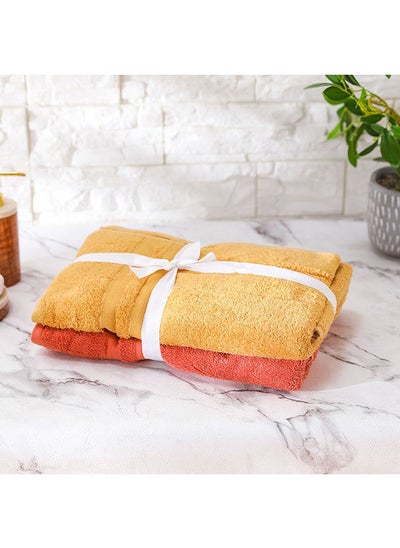 Buy Basics 2 Piece Bath Towel Set 100% Cotton Quick Dry Plush Bath Sheet Ultra Soft Highly Absorbent Daily Usage Towels For Bathroom L 70 x W 140 cm Rust & Yellow in UAE