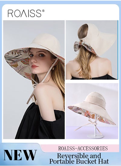 Buy Reversible Portable Wide Brim Bucket Hat with Ponytail Hole Breathable Drawstring Adjustable Sun Protection Soft Leaf Print Hat Women Camping Hiking Fishing Beach Hat in Saudi Arabia