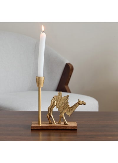 Buy Rayon Aluminium Camel Taper Candleholder with Wooden Base 21 x 8 x 18.5 cm in Saudi Arabia