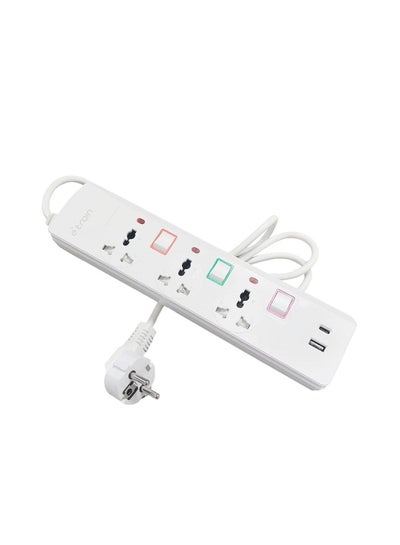 Buy ETrain PS074 Power Strip 3 European Ports with USB and Type-C  Charging ports Length 1.5m with On-Off Switch 16A - White in Egypt