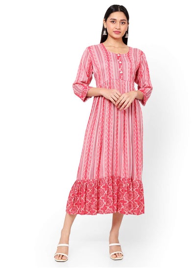 Buy STRIP PRINTED RED COLOUR SHORT FRONT STYLED BUTTONED  ARABIC KAFTAN JALABIYA DRESS in Saudi Arabia