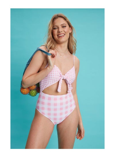 Buy Pink Gingham Tie Front Swimsuit in UAE