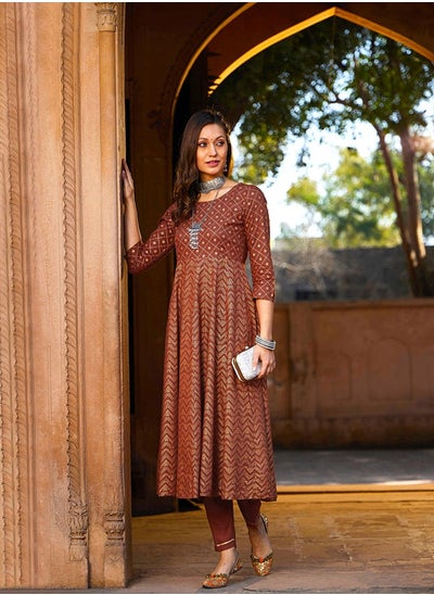 Buy shae by sassafras Women Rust Chevron Foil Anarkali Kurta With Pants in UAE