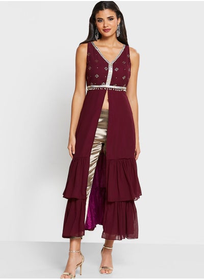 Buy Purple Embellished Ruffled High Slit Kurta in UAE