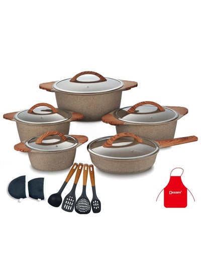 Buy 17-Pieces Granite Coated Cookware Set Includes 20,24,28 & 32cm Casserole With Lid, 28cm Deep Fry Pan with Lid and 7xCooking Tools in UAE