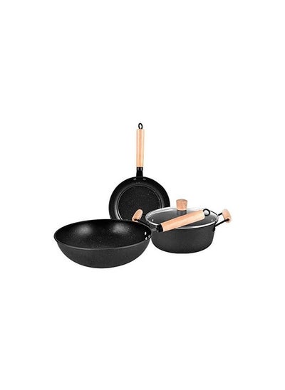 Buy GStorm - 3PCS Cookware Set Wok Frying Pan Saucepan with Lid Pots Pans Set Maifan Stone Nonstick Egg Pan Cooking Tools in UAE