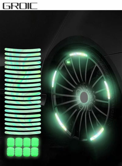 اشتري 40PCS Car Wheel Hub Reflective Sticker Night Driving Safety Warning Strip, Glow in The Dark Car Wheel Rim Tape Reflective Stripes Decals Stickers with 8PCS Luminous Valve Cap,Car Decoration في السعودية