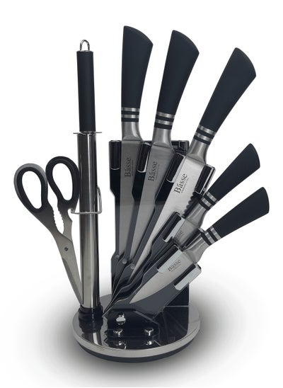 Buy BASS 7 pcs Chef Knife Set, Stainless Steel 18/10  Kitchen Knives Set, Super Sharp Cutlery Set with Stand, Scissors & Sharpener in Egypt