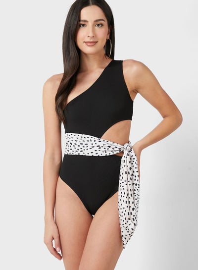 Buy Solid Swimsuit With Tie Up Detail in Saudi Arabia