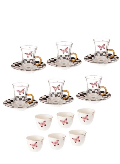 Buy Tea and coffee set 18 pieces consisting of 6 tea cups + 6 tea saucers + 6 Saudi coffee cups in Saudi Arabia