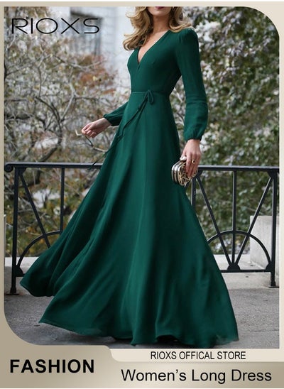 Buy Women's Elegant Dresses V Neck Long Dress Solid Color Long Sleeve Maxi Dress For Party Wedding Special Occasions in UAE