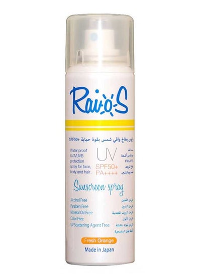 Buy Raios Sunscreen Sray for Face Body and Hair  SPF50+ Fresh Orange Fragrance UVA/UVB Protection Water Resistance Non Greasy Formula 70 ml in UAE