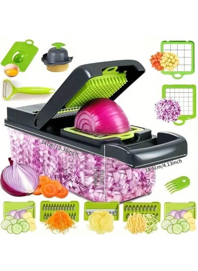 Buy Professional 16-In-1 Multifunctional Vegetable And Onion Chopper, Kitchen Vegetable Cutter With 8 Blades, Carrot And Garlic Chopper With Container (Gray) in Egypt