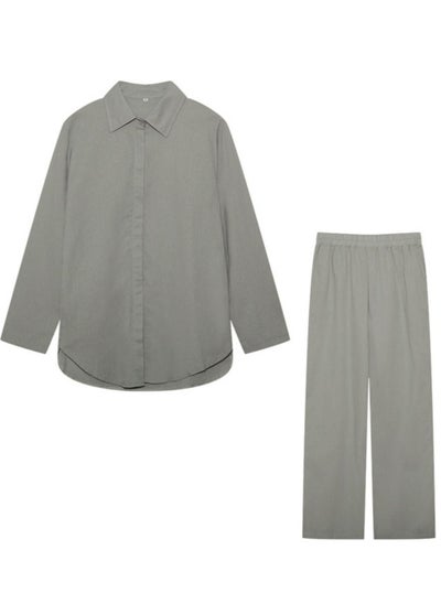 Buy Ladies Comfortable Cotton Linen 2 Piece Suit for Daily Commute - Shirt and Wide Leg Pants Set with Simple Loose Fit Design for Leisure in UAE