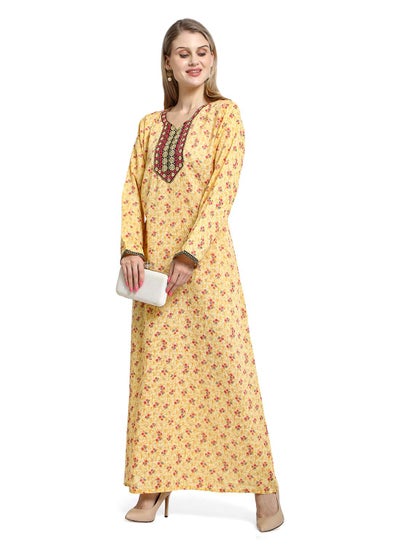 اشتري LONG VISCOSE PRINTED AND NECK EMBROIDERED STYLISH ARABIC KAFTAN JALABIYA DRESS في الامارات