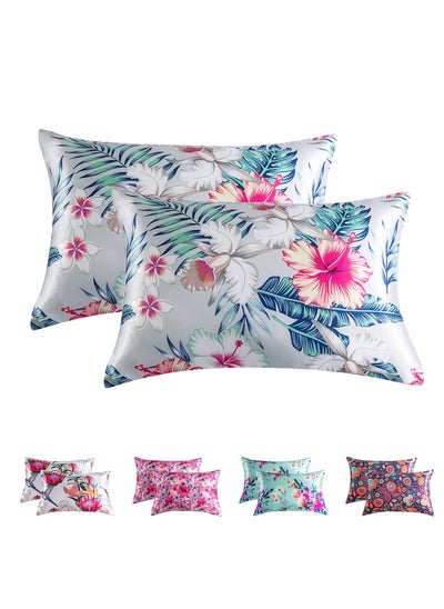 اشتري 2-Piece Floral Silky Satin Pillow Cases with Envelope Closure for Hair and Skin Blue/Red/White في السعودية