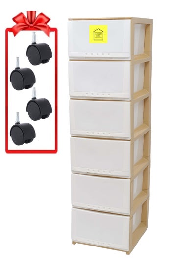 Buy 6-Layer Storage Drawer Cabinet with wheels White/Beige 42x124x34 cm in Saudi Arabia