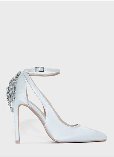 Buy Embellished Heel Satin Pointed Pump in Saudi Arabia