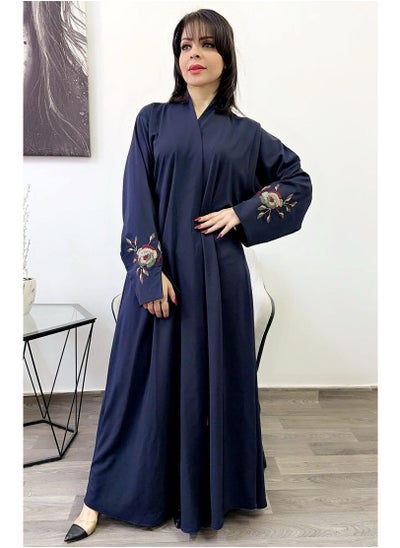 Buy Abaya Minimal Hand Embroidered Design High-Neck Half Closh Blue in Saudi Arabia