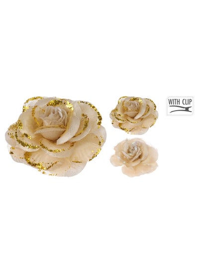 Buy Xmas Rose On Clip 9Cm Set Of 2 Gold Assorted 1 Set in UAE