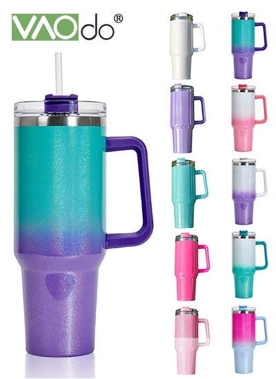 Buy 40 oz Tumbler with Handle and Straw Lid Reusable Stainless Steel Water Bottle Travel Mug Cupholder Friendly Insulated Cup Holiday Gifts for Women Men Him Her Green Purple 1100ML in Saudi Arabia