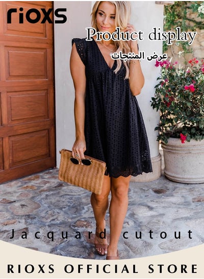 Buy Women's Summer Casual V-Neck Dress Lace Sleeveless Dress Ruffle Dresses in UAE