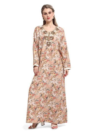 اشتري MULTICOLOUR FLORAL PRINTED WITH EMBROIDERED ELEGANT ARABIC KAFTAN JALABIYA DRESS في السعودية