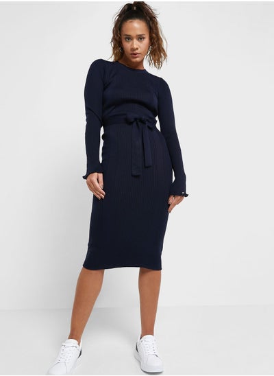 Buy Ribbed Tie Detail Dress in UAE