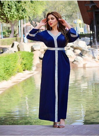 Buy Women Luxury V-neck Rhinestone Robe Maxi Dresses Exclusive Styles Modern Stylish Abaya Middle East Arabic Banquet Wedding Party Dress Women's Festival Clothing Purple in UAE