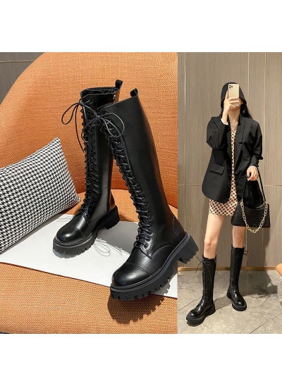 Buy 2023 Chunky Sole Riding Boots Womens Thigh High Lace-UpBlack single lining Black single lining in UAE