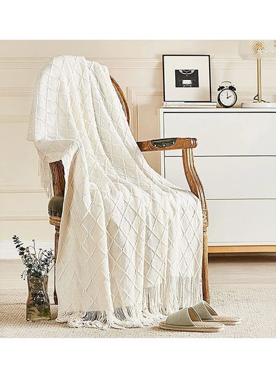 Buy Soft Cozy Knit Blanket with Tassels for Couch and Bed Off White in UAE