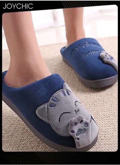 اشتري Lovely Cat Design Winter Warm Windproof Anti-Slip Home Slide Outdoor Slipper Navy Blue/Grey for Women Men في السعودية