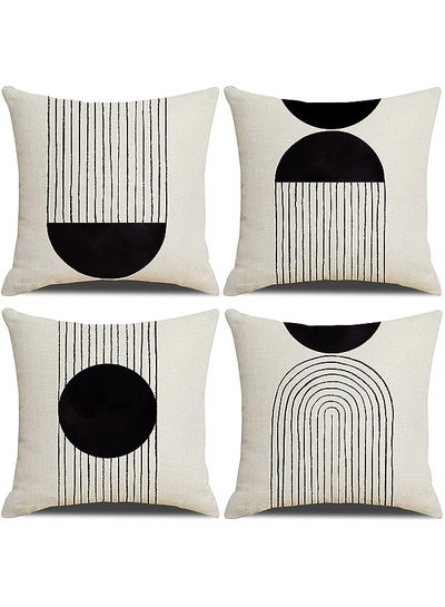 Buy Boho Pillow Covers 18x18 Set of 4, Mid Century Modern Arch Sun Decor Cotton Linen Throw Pillow Cover Decorative Boho Cushion Cover with Zipper, Black and White in UAE