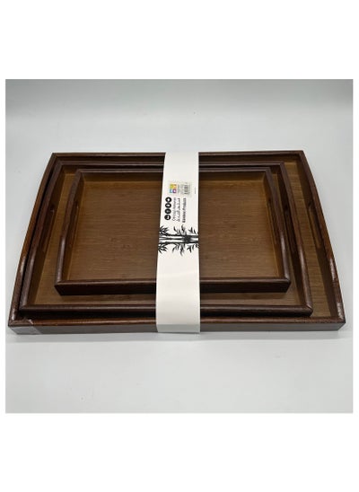 Buy Rectangular serving tray set with refined design with three-piece hand grip, wooden brown. in Saudi Arabia