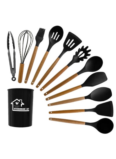 Buy Kitchen Cooking Utensils Set, 12-Piece Non-Stick Spatula Set with Stand, Black Wooden Handle Silicone Kitchen Gadgets in Saudi Arabia