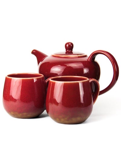 Buy Porcelain BTQ Enus Teapot Set for Home Office Gift Tea Lovers Men Women w/ 2 Cups 1.2L Red in UAE