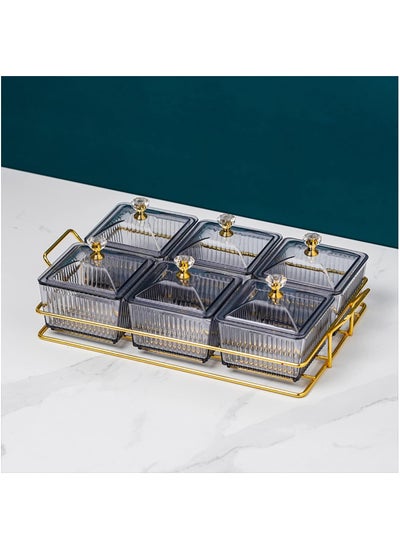 Buy Snack Serving Tray with Lid 6 Clear Candy and Nut Serving Container set with Metal Rack, Plastic Appetizer Platter Relish Storage Organizer Plate Food Display Bowls for Vegetables Candy Fruit Dips in Saudi Arabia