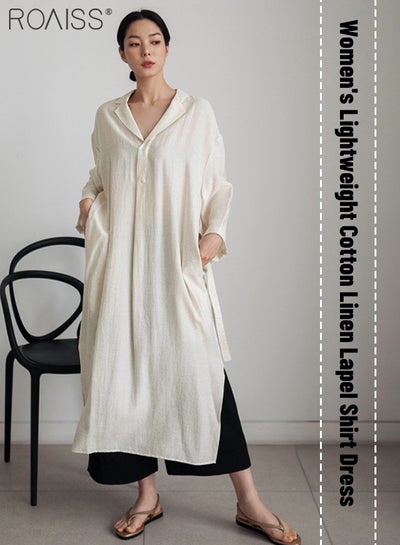 Buy Women's Casual Cotton Linen Dress Classic Lapel V-Neckline Loose Long Sleeved Side Slit Fashion Dress in UAE