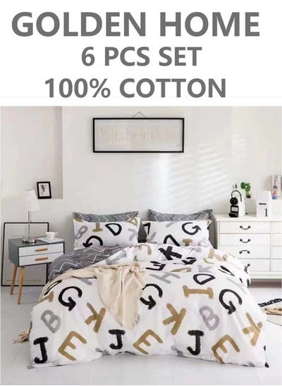 Buy 6-Piece Printed Combination King Size Duvet Cover Set  Includes 1xFitted Bedsheet 200x200+30cm, 1xDuvet Cover 220x240 cm, 2xPillowcase 55x80cm, 2xCushion Case 45x70cm Cotton in UAE