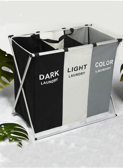 Buy Laundry Basket Hamper 3 Section Dirty Clothes Hamper with Mesh Cover Foldable Aluminum Frame Laundry Sorter Organizer for Bathroom Bedroom Nursery (White+Grey+Black） in Saudi Arabia