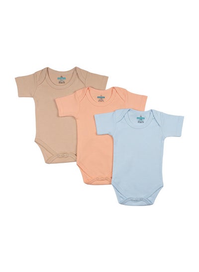 اشتري BabiesBasic 100% Super Combed Cotton, Short Sleeves Romper/Bodysuit, for New Born to 24months. Set of 3 - Blue, Brown, Orange في الامارات