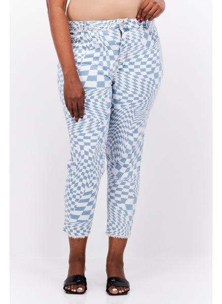 Buy Women Plus Size Checkered Stretchable Jeans, White/Blue in UAE