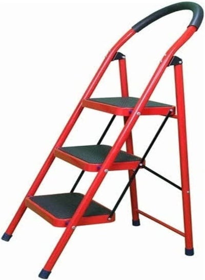 Buy Tamtek 3 Step Red Ladder Folding Heavy Duty Steel Ladder 150Kg Capacity ( 115X72X65Cm ), Rubber Pad Multi-Purpose Portable Ladder For Home, Kitchen, Garden, Office, Warehouse in UAE